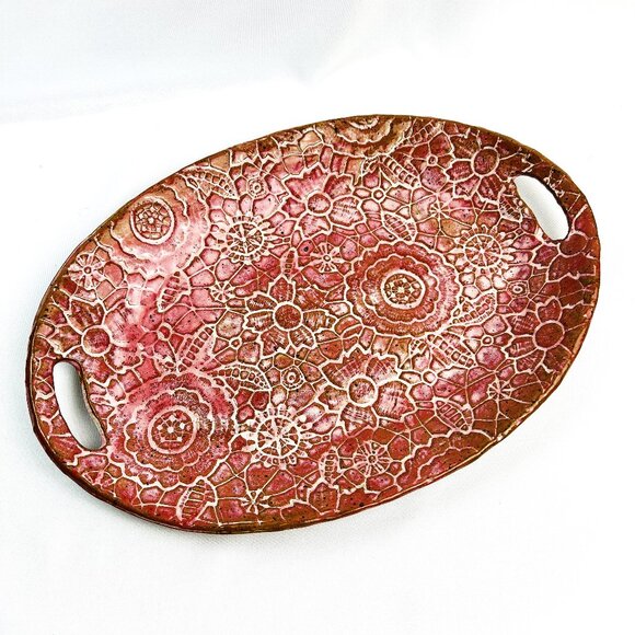 Handcrafted Oval Studio Pottery Serving Tray Red/Pink Intricate Lace Pattern 15”